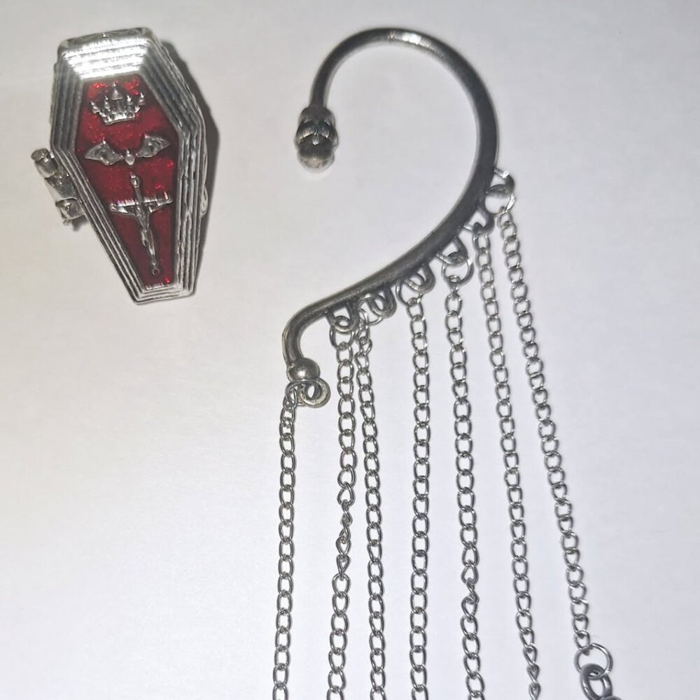 Size 6 Poison Coffin ring and Skull ear decoration goth
